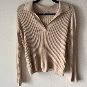 Skin Ribbed Knit Polo Sweater Tan Beige V-Neck Long Sleeve Top Womens Size M